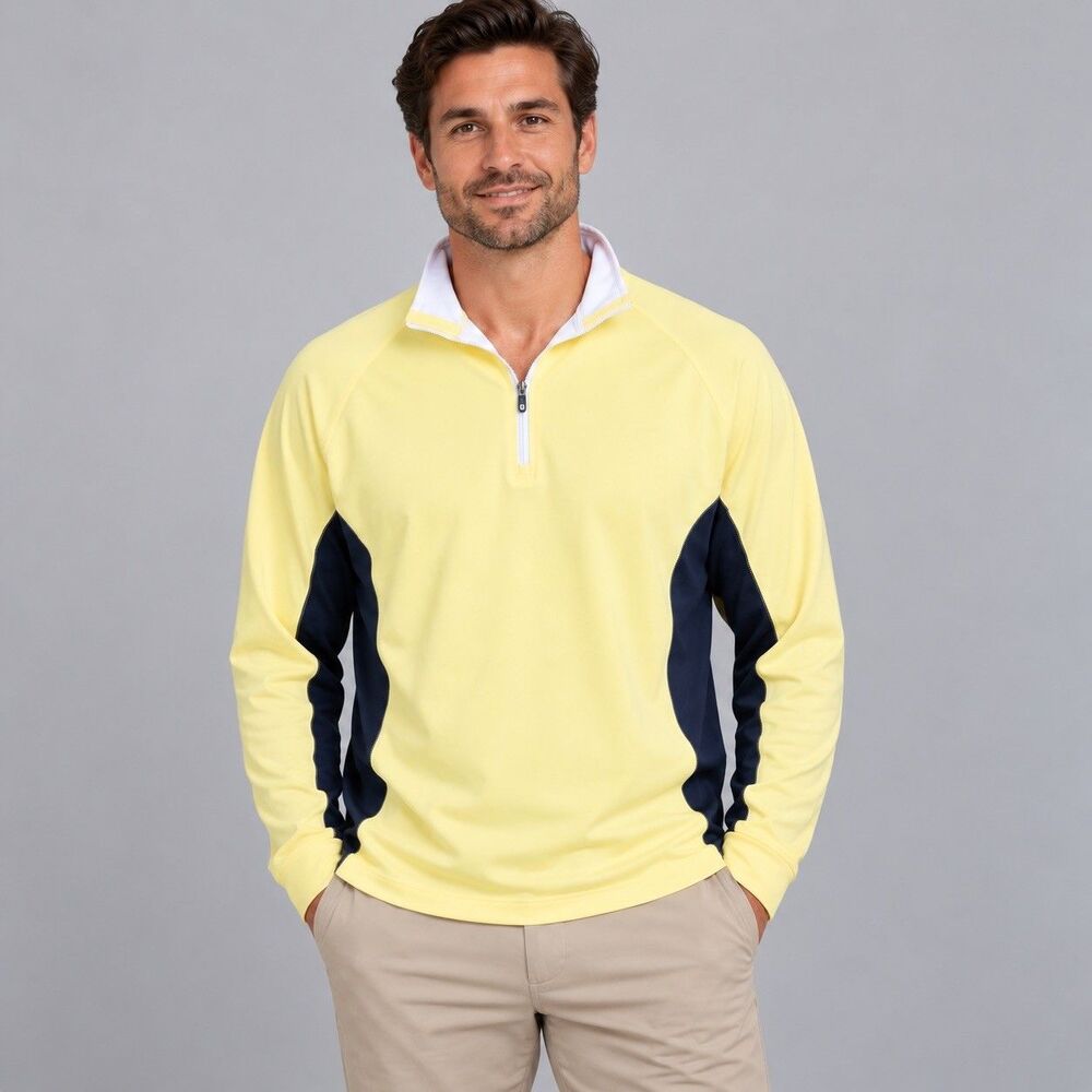 FootJoy FJ Golf Pullover Quarter Zip Mens Shirt Sz Large Yellow Navy Performance